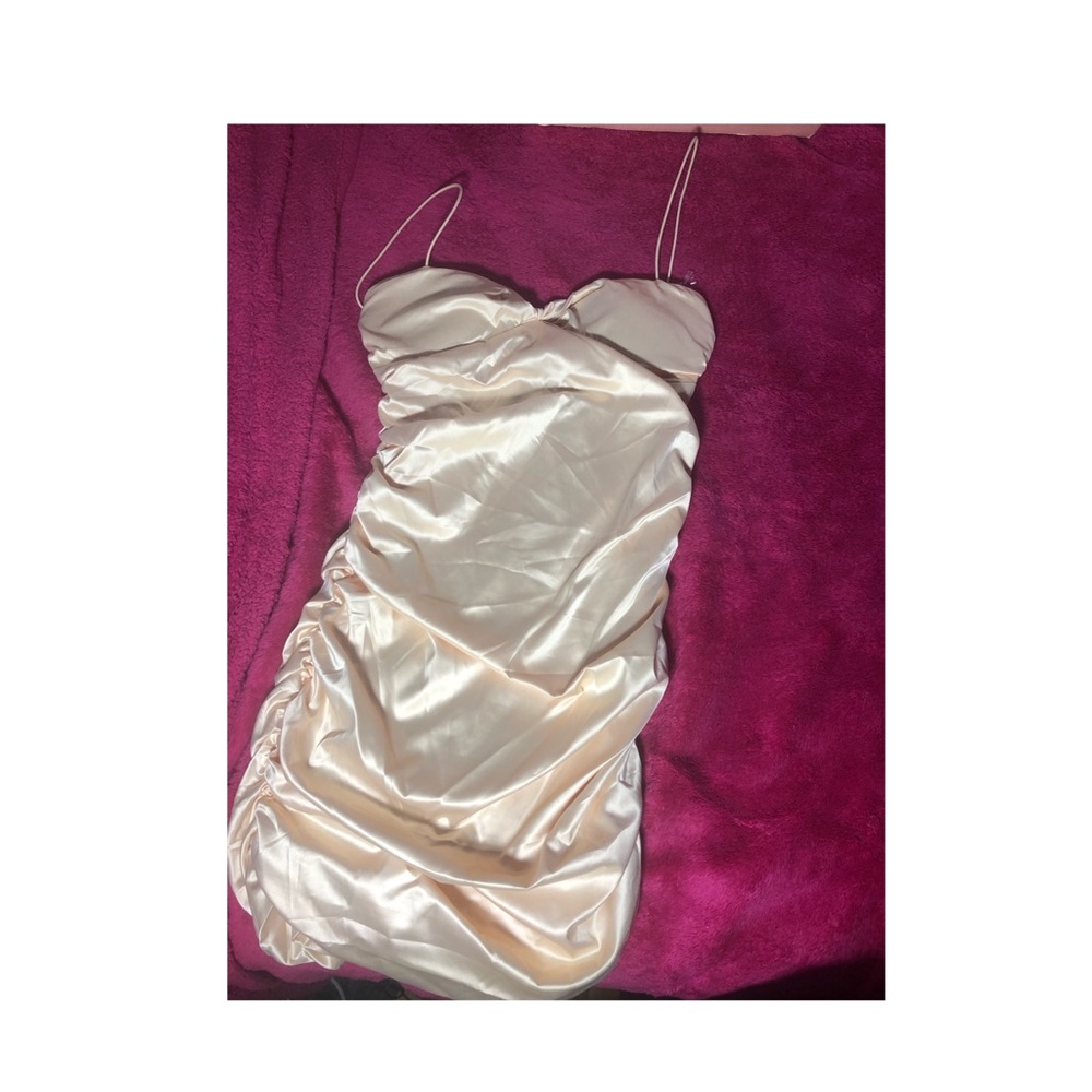 Twist & Shout Ruched Satin Mini Dress in Champagne